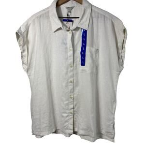 ORVIS WHITE LINEN LARGE WOMEN SHORT SLEEVE BUTTON UP BLOUSE BRAND NEW WITH TAGS